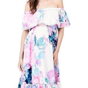 Ripe Maternity Gemma Watercolor Floral Dress Off-Shoulder Ruffle Hem S